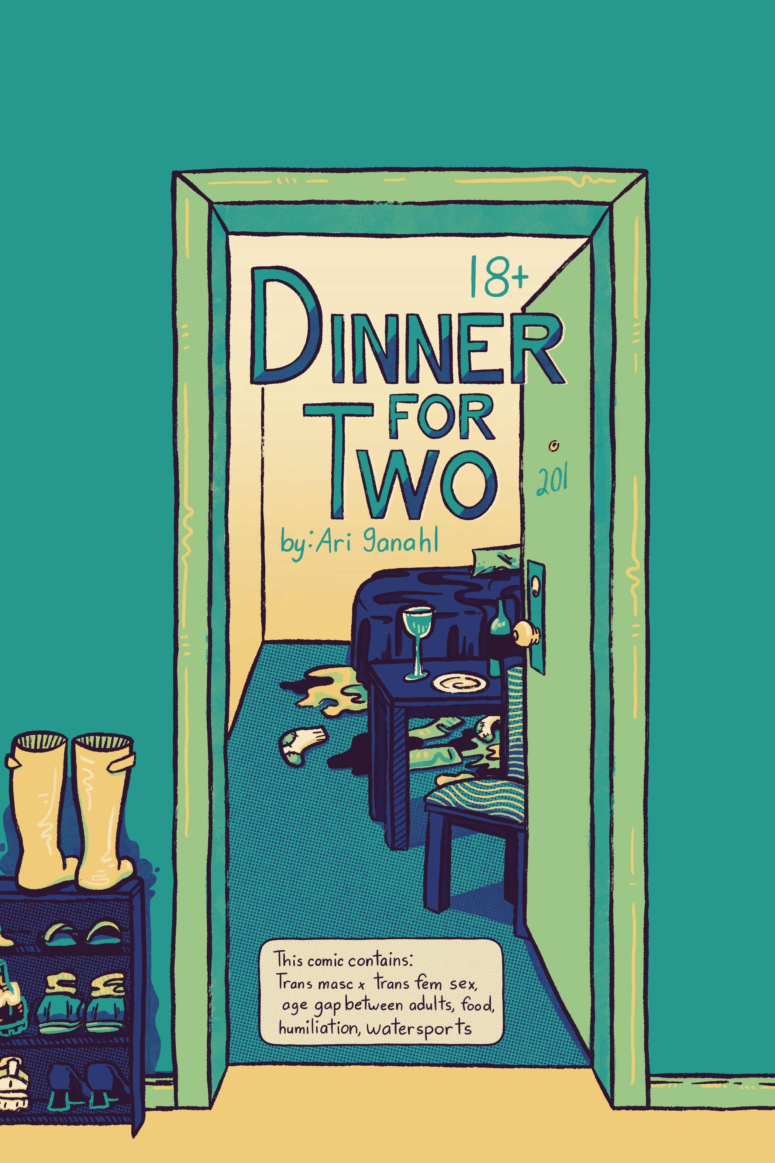 Comic cover in blues, greens, and yellows. An apartment door is ajar, and inside a table is set and clothes are littered across the floor. Comic title is 'Dinner for Two'. Box at the bottom reads: This comic contains: Trans masc x trans fem sex, age gap between adults, food, humiliation, watersports